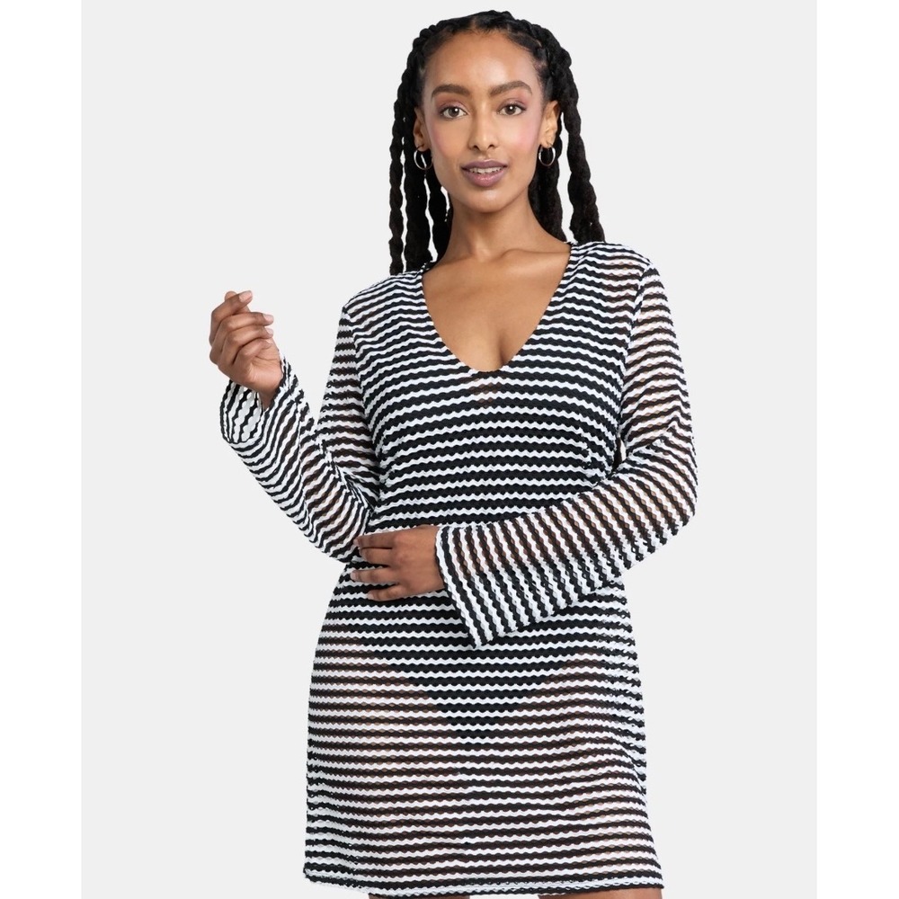 Time & Tru Black White Mesh Swim Cover Up Sheer Striped Beach Dress S New